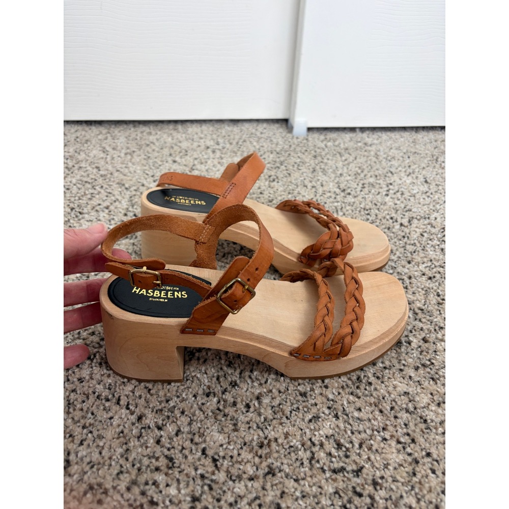 Swedish Hasbeens Sandal 38 US 8 Braided Sky High Clog Wood Heel Tan Leather FLAW